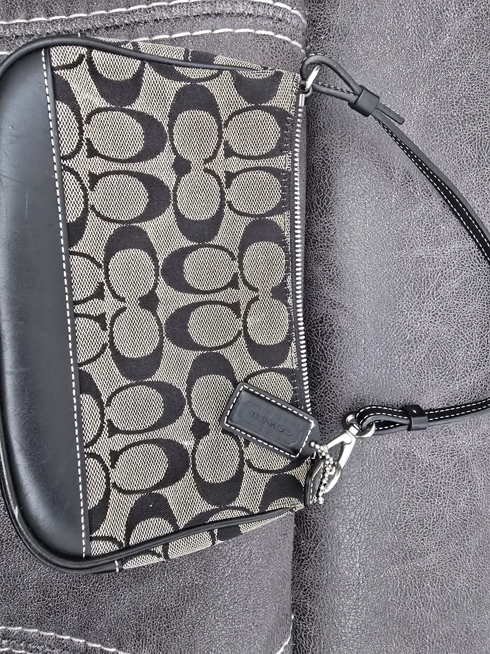 Coach Signature Demi Mini Pouch Shoulder Bag In Canvas and Leather - Black/Tan.